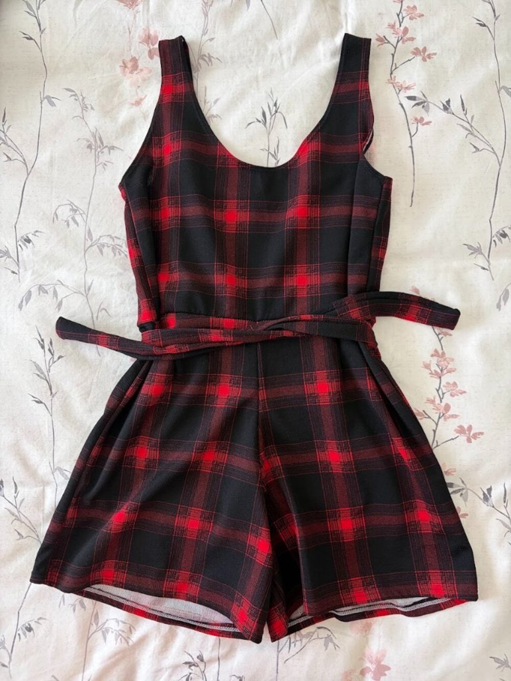 Red & Black Plaid Sleeveless Romper